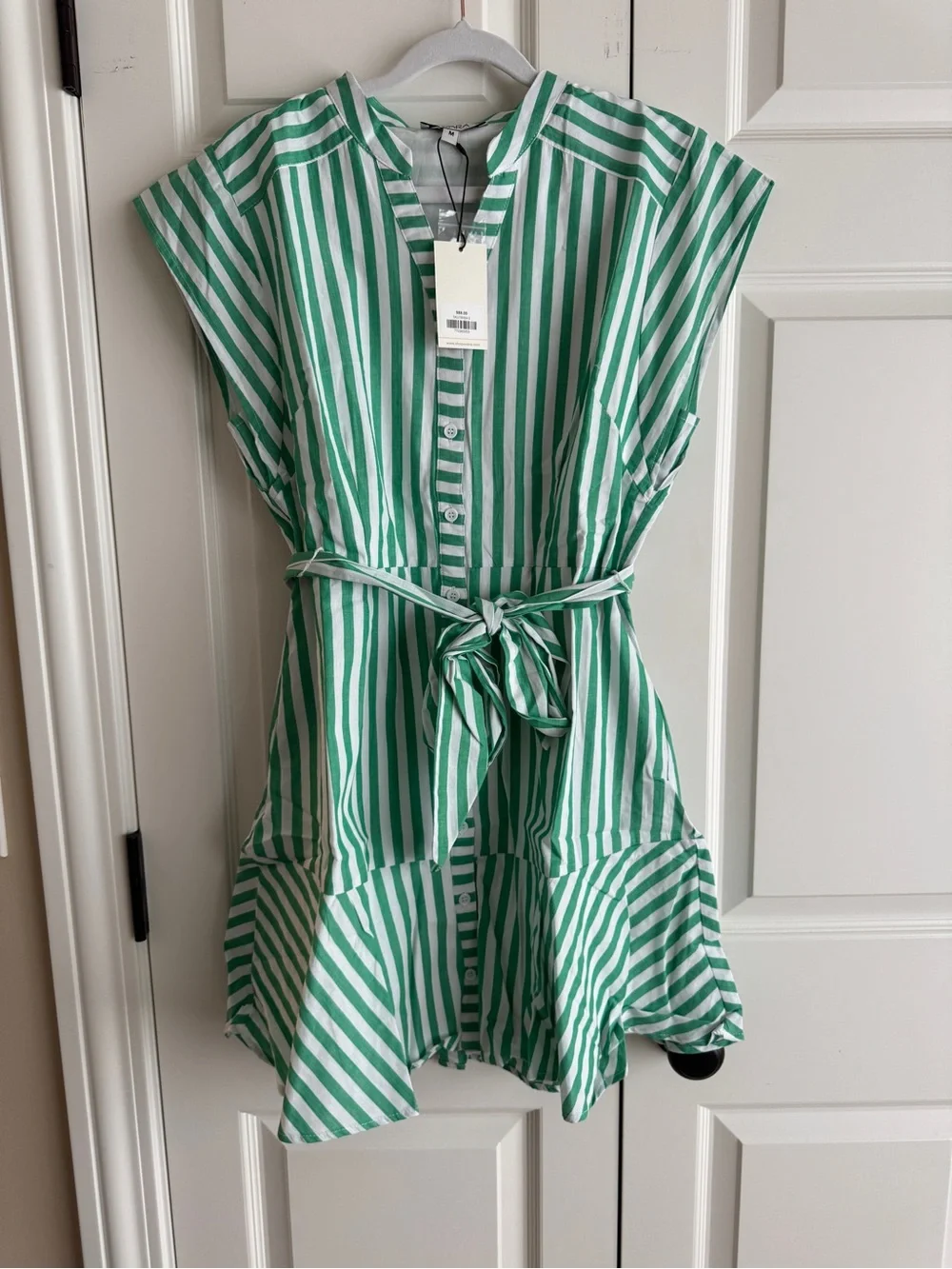 NWT Avara Erica Green Striped Button Front Belted Dress Size Medium - Picture 8 of 10